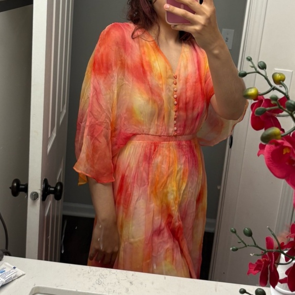 100% Silk Dress Sunset Color Beach, Vacation honeymoon Cocktail fits like L/XL
